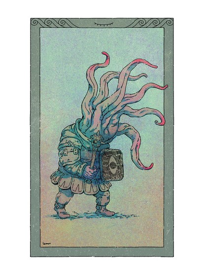 Illustration of a warrior with tentacles instead of head, a maze, and a shield with an eye painted pon it.