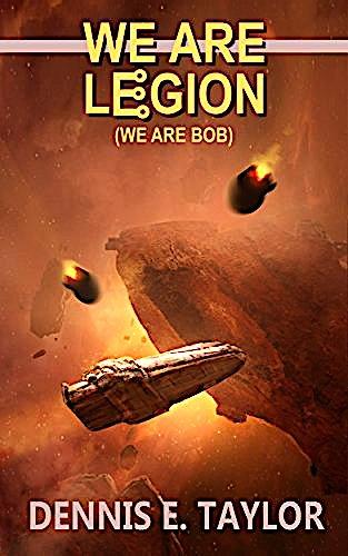We Are Legion (We Are Bob) by Dennis E. Taylor vividly illustrates a dynamic scene of space exploration and peril, rendered in warm, intense hues of orange, brown, and deep gold. Dominating the composition is a detailed, metallic spacecraft positioned centrally, moving diagonally upwards, suggesting rapid ascent or escape. Its hull shows intricate detailing, subtle wear, and illumination along its structure.

Surrounding the spacecraft, several fiery projectiles are depicted, streaking downward in trails of bright flame and smoke, creating a sense of urgency and imminent danger. Behind, an enormous asteroid-like formation looms prominently, its rugged, cratered surface meticulously textured and shadowed. The rich, rocky texture of this celestial body further emphasizes the hazardous environment and reinforces the theme of space adventure and existential threat.

At the top of the cover, the title is prominently displayed in large uppercase letters: "WE ARE LEGION" in bold, striking typography colored bright yellow, with stylized circuitry incorporated into the "O," visually underscoring the book's technological and artificial intelligence themes. Directly beneath, in smaller uppercase parentheses, the subtitle "(WE ARE BOB)" appears clearly in a lighter, complementary tone. The author's name, DENNIS E. TAYLOR, is boldly positioned at the bottom in crisp, white uppercase lettering, standing out vividly against the darker hues of the cover artwork.