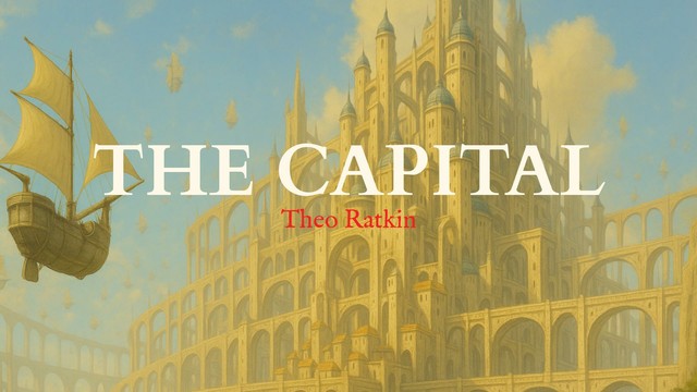 A massive fantasy-medieval city with steampunk and sci-fi elements rises vertically with countless bridges and towers. Elegant skyships with sails fly in formation across the blue sky. A small figure wearing a red scarf runs toward the glowing golden city from the foreground. The text on the image reads "THE CAPITAL - Theo Ratkin".