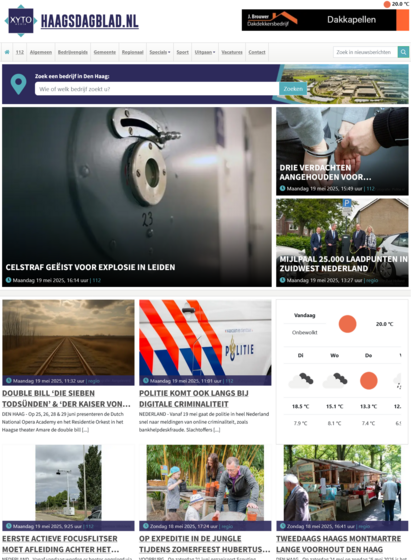 Screenshot van voorpagina website Haags Dagblad. "Het laatste nieuws uit de regio Den Haag" is de slogan. Waarin het laatst gepubliceerde artikel op Maandag 19 mei 2025, 16:14 uur was. Maar helemaal niets te vinden op https://www.haagsdagblad.nl over de historische gigantische Rode Lijn demonstratie een dag eerde met meer dan 100.000 demonstranten... (Niet eens iets over de verkeerssituatie ofzo)