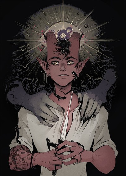 Comic Illustration of a red tattooed tiefling, holding a dagger with some blood, pointing upwards - he looks down to it - eary vibe. Two dark hands are resting on his shoulders, lizards are crawling around and about him. A big glowing eye hovers behind his head. Colors are desatured and moody.