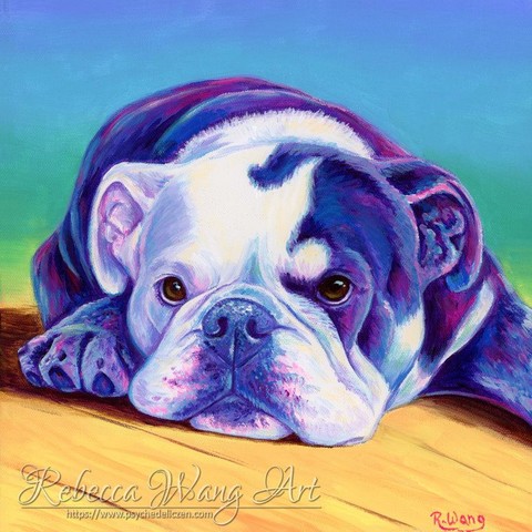 A colorful pet portrait painting of an English bulldog laying on the floor. The dog is painted in bright purple, blue, and magenta colors, with a background of purple, blue and teal.