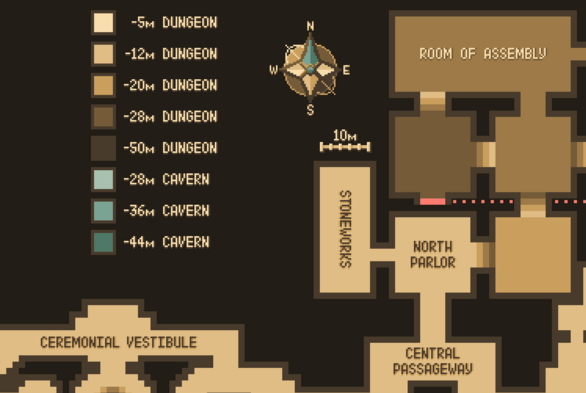 screenshot of a section of a labeled, top-down, pixel art map showing the key, compass rose, and a few rooms