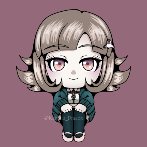 A girl in chibi art style sitting and smiling.