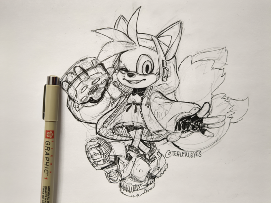 Sketch by Tealful Eyes of Tails "Miles" Prower from the Sonic the Hedgehog series dressed up as Bridget from the game Guilty Gear Strive.