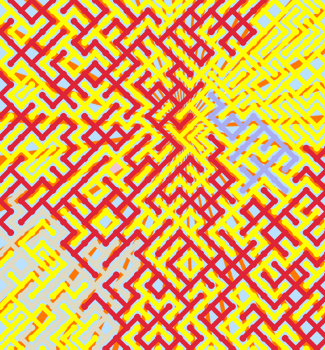 A colorful maze, generated using the 10print method. Picture generation details: screen height: 1093, screen width: 1016, primary background color #BAE1FF, primary line color: #FFFF00, using gradient mask mask37.png, gradient background color #FF7700, square: 33, width: 15, radiusB: 10, radiusW: 15, effect: 13