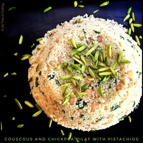Couscous and chickpea pilaf with pistachio slivers.