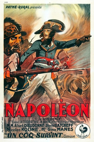 A poster of the film. We can see a man wearing a black hat, a gray coat, white trousers leading other men in a battle.One of those men is carrying a gun.