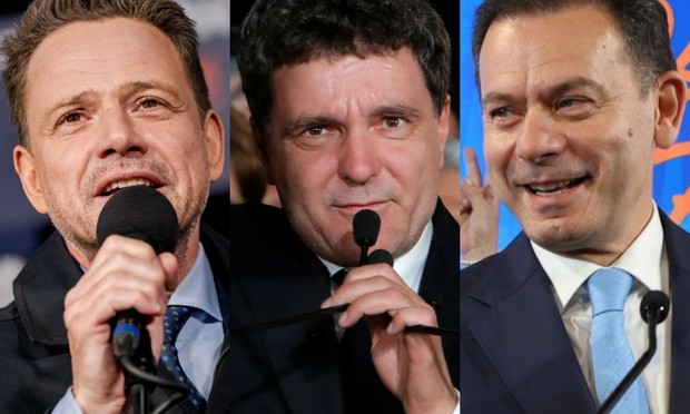 Rafal Trzaskowski, Nicusor Dan y Luis Montenegro, en sus respectivas celebraciones electorales en Polonia, Rumanía y Portugal, el 18 de mayo de 2025. (Getty / EFE)
