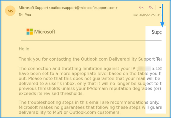 A screenshot of a message shown in Outlook. Highlighted on the right hand side is where the graphics and text just stop dead, cut-off by the containing box, making it hard to read/figure out what's missing.