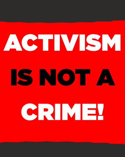 Rode graphic met de tekst "activism is not a crime!"