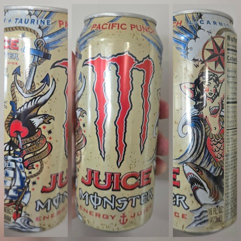 Collage of three photographs oriented horizontally. Each of them shows a vertical image of a different angle of the same can of Pacific Punch Juice Monster. The left image shows the left side of the can with from top to bottom, an achor, an eagle with a hart and sword through it, and a boat near the bottom intended to look like traditional sailor tattoos with a sandy background. The central image, which is wider, shows the can head on with a red Monster energy "M" logo that looks like three claw-marks with the words "Juice Monster" beneath it and "Pacific Punch" at the top. The right image shows the same can turned again and it shows from top to bottom a compass star, a mermaid, a black and white wave, and a shark.