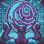 A luminescent orb glows on its 4-prong stand for the theme "display stand", imagined as 48 x 48 pixel art (resized to 144x144)