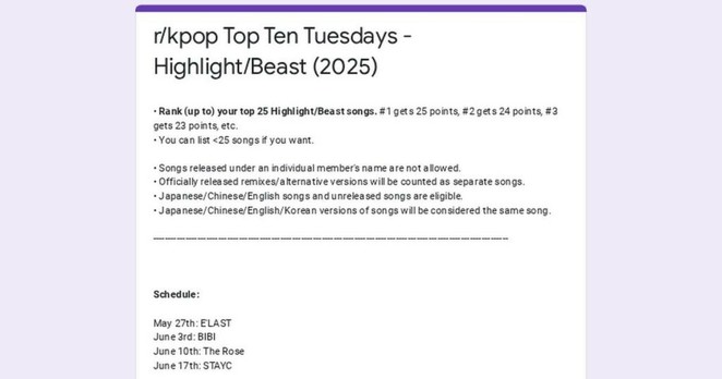 /r/kpopトップ10火曜日投票：ハイライト/ビースト（2025）