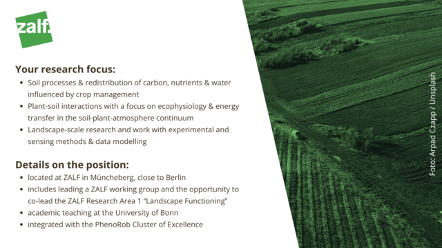 Joboffer: W2 Professorship for Matter and Energy Dynamics in Agricultural Landscapes by ZALF and University of Bonn.

Image: Arpad Czapp / Unsplash