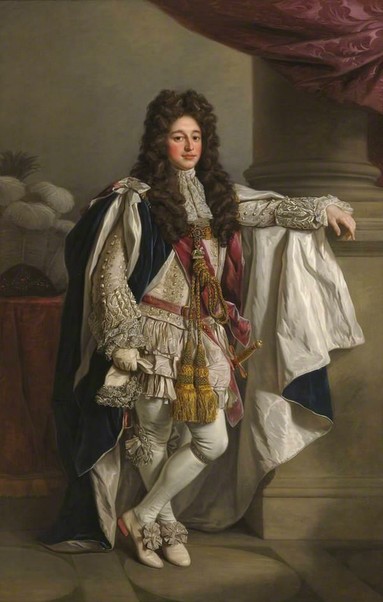 a  painting of a vey elegant and extravagantly dressed man in a palace, his arm resting on a column he has a large chocolate brown wig on and vey ruffled sleeves, white shoes with heels on them, white stockings, the man went all-out. large gold ropes hanging , tassles at the end of them from his chest, he is looking at the viewer with a calm expression