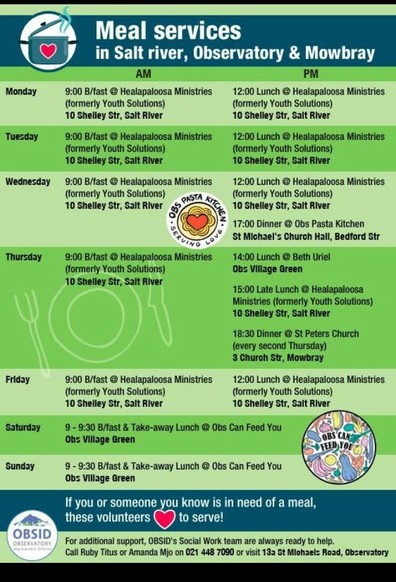 Schedule of meal services in the peri-urban suburbs of Obs, Woodstock and Mowbray