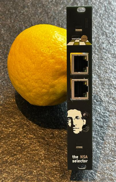 a eurorack module with two ethernet jacks and Edward Snowden's face printed on the front. the NSA selector by wenzellabs.