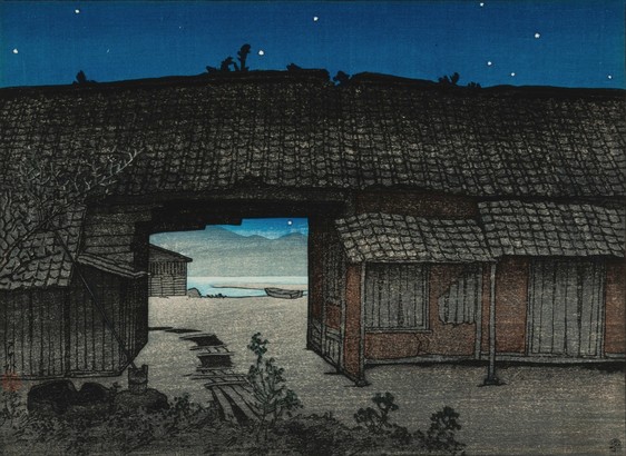 An abandoned warehouse, dark and unused, slowly crumbling away under a starry night sky. A disused path of wooden duckboards passes through a covered opening, allowing us to see beyond toward another dark building standing next to a body of water; nearby, a small open boat has been pulled up on shore. Further on, the shadowy shapes of mountains cross the horizon.