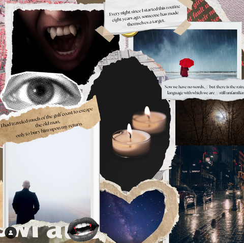 Collage of various pictures - an eye, fanged mouth, somebody with umbrella on a beach, a candle.