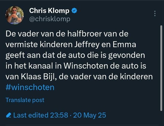 De vader van de halfbroer van de vermiste kinderen Jeffrey en Emma geeft aan dat de auto die is gevonden in het kanaal in Winschoten de auto is van Klaas Bijl, de vader van de kinderen #winschoten