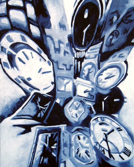 image of a painting of warped watches in black, white, and greys