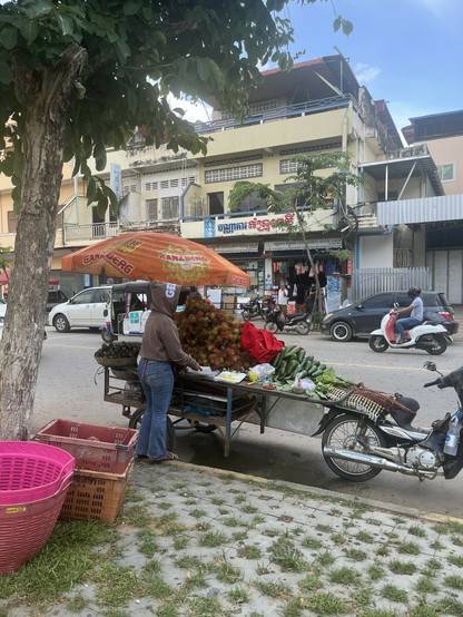 Fruit vendor selling rambutan and mangosteens along the river street