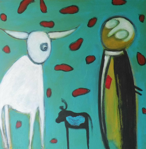 Zwei unrealistische Figuren vor türkisem Hintergrund und ein kleines Tier unten.Two unrealistic figures on a turquoise background and a small animal at the base