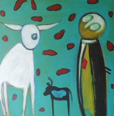 Zwei unrealistische Figuren vor türkisem Hintergrund und ein kleines Tier unten.
Two unrealistic figures on a turquoise background and a small animal at the base