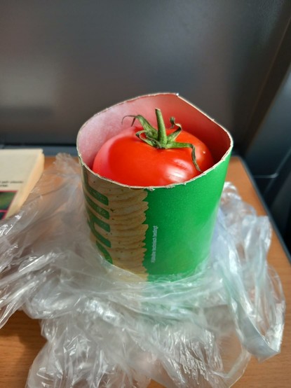 Halbierte Dose von Stapelchips wo eine Tomate sichtbar ist (die 2. ist drunter).