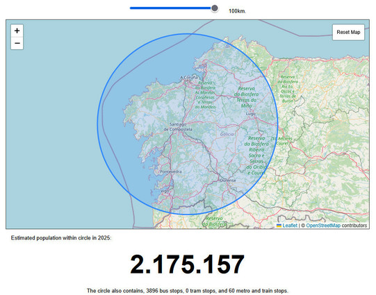 2175000 de persoas viven a menos de 100 km do aeroporto de Santiago