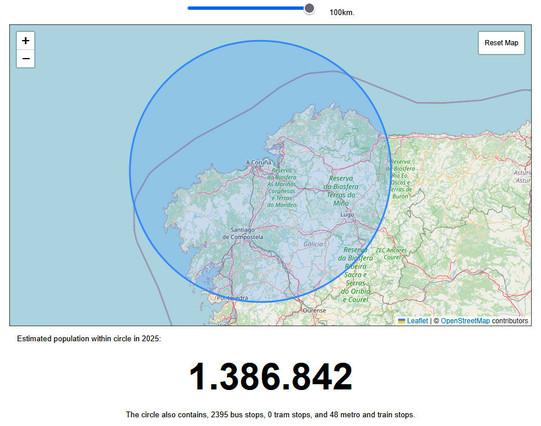 1387000 de persoas viven a menos de 100 km do aeroporto de Coruña.