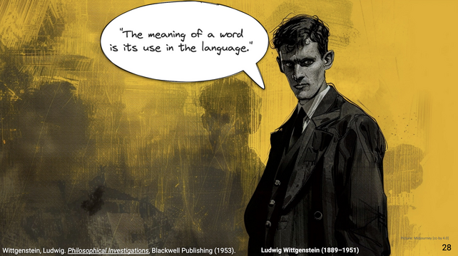 An AI-generated image of Ludwig Wittgenstein as a comic strip character. A speech bubble show his famous quote "The meaning of a word is its use in the language."
Bibliographical Reference: Wittgenstein, Ludwig. Philosophical Investigations, Blackwell Publishing (1953).
Ludwig Wittgenstein (1889–1951)