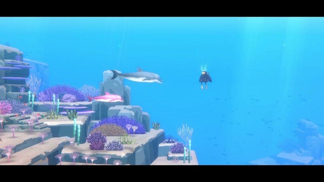 A pixel art scene of sea underwater with a round-ish diver in front of a dolphin