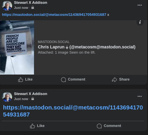 Screenshot of two facebook posts with the same link to a Mastodon post but one of them has "x" as text after it. The one with the x shows an embedded preview of the image in, the other just shows the URL of the link.