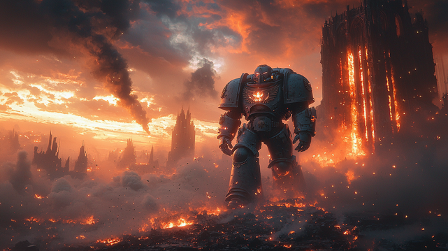 Cendres de l’Imperium.
Un Space Marine imposant émerge des flammes et des ruines d’une cité gothique en feu, sous un ciel apocalyptique.
A towering Space Marine rises from the flames and ruins of a burning gothic city, under an apocalyptic sky.