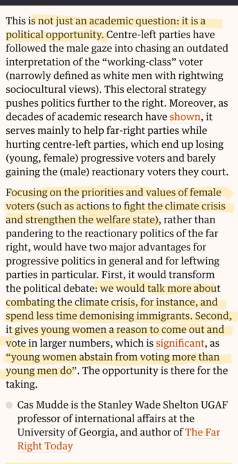 Print screen from the article: highlighting "This is not just an academic question: it is a political opportunity", "Focusing on the priorities and values of female voters (such as actions to fight the climate crisis and strengthen the welfare state)" and "we would talk more about combating the climate crisis, for instance, and spend less time demonising immigrants. Second, it gives young women a reason to come out and vote in larger numbers, which is significant, as “young women abstain from voting more than young men do”"