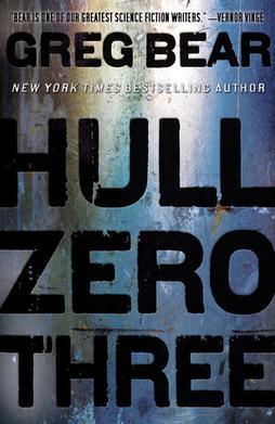Hull Zero Three by Greg Bear utilizes bold, industrial-inspired design elements to convey a strong sense of mystery, danger, and isolation. The artwork is predominantly abstract, composed of a metallic surface marked by significant wear, corrosion, and deterioration. It employs a stark and moody color palette, mainly dominated by shades of steel blue, muted silver, black, and gray, resembling the cold, weathered exterior of a spaceship or space station. The textures on the metallic background feature distinct scratches, rust stains, and corrosion, suggesting a harsh environment and considerable passage of time, enhancing a tense, foreboding atmosphere.

The title text, **HULL ZERO THREE**, is prominently placed at the center, rendered in extremely large, bold, block capital letters. The lettering is intentionally rugged and distressed, with irregular edges and ink-like splotches, further emphasizing the book's gritty and bleak theme. This visually bold typography suggests urgency, critical danger, or mechanical failure, aligning closely with the implied narrative context.

Above the title, the author's name, GREG BEAR, is displayed clearly in stark black capital letters, set in a clean, modern typeface. Directly beneath his name, in smaller white capital letters, appears the phrase "NEW YORK TIMES BESTSELLING AUTHOR," highlighting his literary prominence.