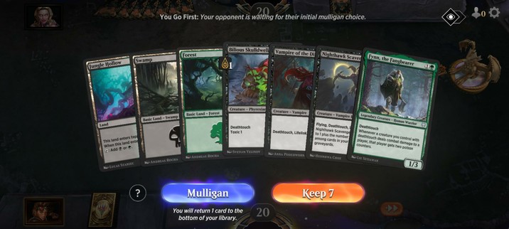 Opening hand to MtG Arena online collective card game. Hand contains three land card: Jungle Hollow, Swamp & Forest. There's also 4 creature cards Bilious Skull..., Vampire pf Dire ..., Nighthawk Scave..., and Fynn, the Fangb...