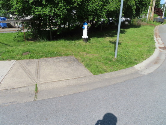 View looking from the street to a corner with a pedestrian eye view. The sidewalk only covers half the corner because one side gets a sidewalk and other part doesn't. It's lawn with a curb.