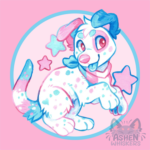 cute art of a dalmatian puppy with trans coloring and a trans pride bandana, with several pink and blue stars behind them
