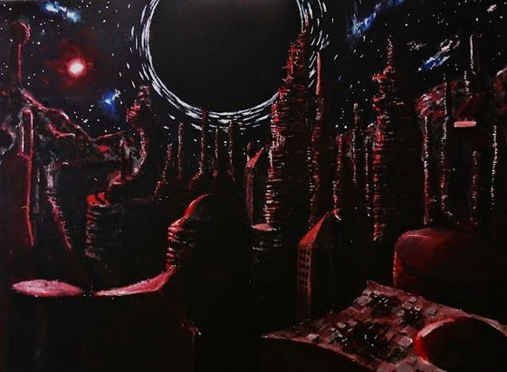 A ruined city on a desolate planet faces an gigantic black hole looming in its sky