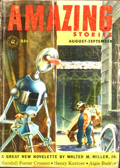 In the foreground a shiny robot is holding a gun-shaped device and a hammer-shaped device and looking around the corner of a building. In the middle distance an unsuspecting man in overalls and battered hat is passing by in hot sunlight with a mule, holding a water canteen. Both the man and the mule look tired.
Amazing Stories magazine cover from 1953.