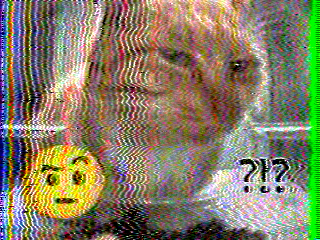 A cat making the eyebrow raised skeptical emoji 🤨 with the emoji itself next to it, as well as a question mark, exclamation mark, and another question mark. The image resembles an image sent via amateur radio tv data transmissions.