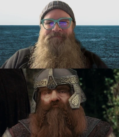 A photo of me and Gimili side-by-side. We both have round heads, large noses, and long, thick beards.