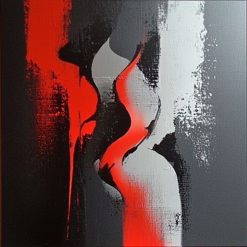 Silhouettes Incandescentes.
Formes abstraites fluides en rouge, noir et blanc, évoquant chaleur et tension sur toile texturée.
Fluid abstract forms in red, black, and white, evoking heat and tension on textured canvas.