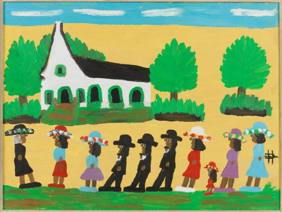 Gemälde
In naivem Stil gemaltes Bild. Im Hintergrund eine weiße Kirche und Bäume, davor in einer Reihe die Kirchgänger. Männer und Frauen tragen Hüte