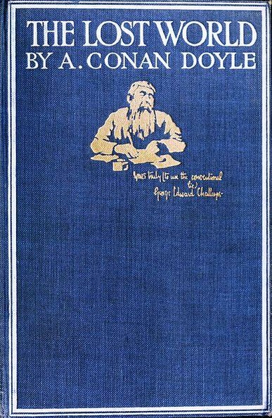 The Lost World by A. Conan Doyle features a classic and elegant design typical of early 20th-century hardcover editions. Its background consists of deep, rich blue fabric with a noticeable woven texture, providing a refined and sturdy appearance characteristic of vintage publications. A narrow white double-lined rectangular border frames the entire cover, lending visual balance and emphasizing the book's classical style.

Prominently placed at the top, the title "THE LOST WORLD" is displayed clearly in large, white uppercase letters using a formal serif typeface, adding a dignified and scholarly feel. Immediately beneath the title appears the author's name "BY A. CONAN DOYLE," presented in matching white serif letters of slightly smaller size yet still prominent, reinforcing the author's distinguished literary stature.

Central to the cover is a modest yet distinct illustration rendered in subtle, antique gold ink. It portrays a bearded figure seated at a table, presumably Professor George Edward Challenger, a central character in the novel. The illustration captures him in thoughtful contemplation or scholarly study, suggesting a scientific or adventurous theme central to the narrative. Below this image is inscribed, in small, handwritten-style gold lettering, a playful inscription: "Yours faithfully in the conventional lies, George Edward Challenger," adding authenticity and personality, reinforcing the adventurous spirit and intriguing character that defines the novel.