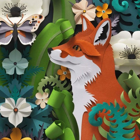 A vibrant paper art composition featuring a fox surrounded by colorful flowers, leaves, and a butterfly, showcasing intricate details.