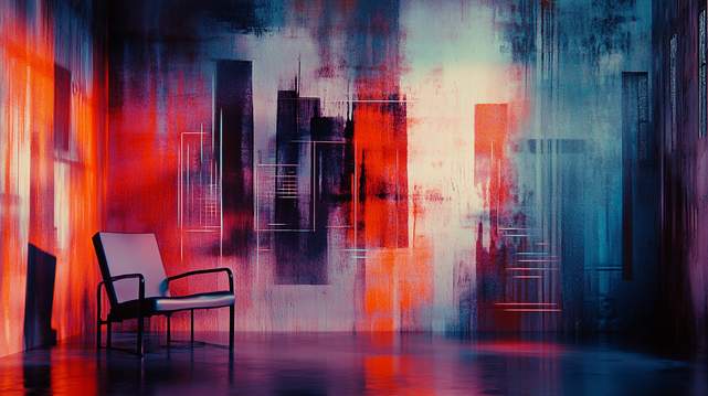 Échos de Solitude.
Chaise isolée dans une pièce abstraite aux murs saturés de couleurs vives et de formes géométriques.
Lone chair in an abstract room with vivid color-saturated walls and geometric forms.